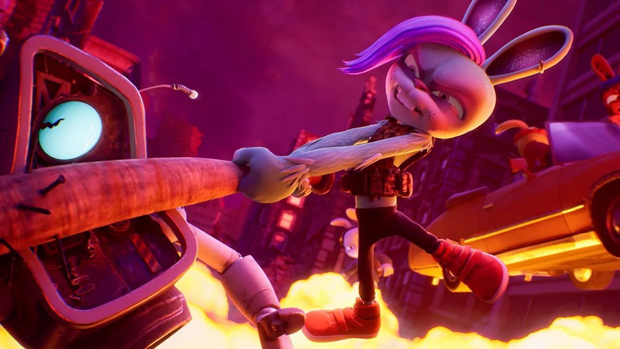 Rabbit character fighting a robot with a large carrot in a neon-lit city