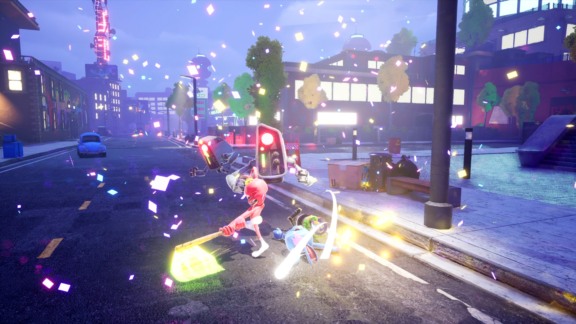 Gameplay view of a rabbit character fighting robots in a city street