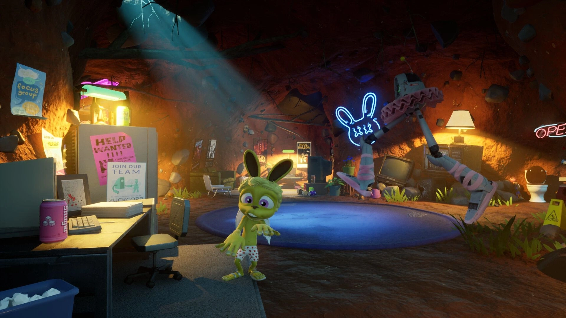 Rabbit character standing in an underground hideout with a robot arm overhead