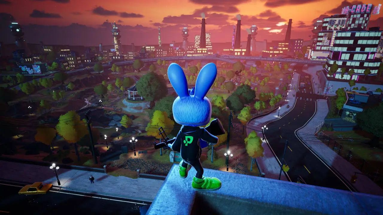 Rabbit character overlooking Hooliland at sunset