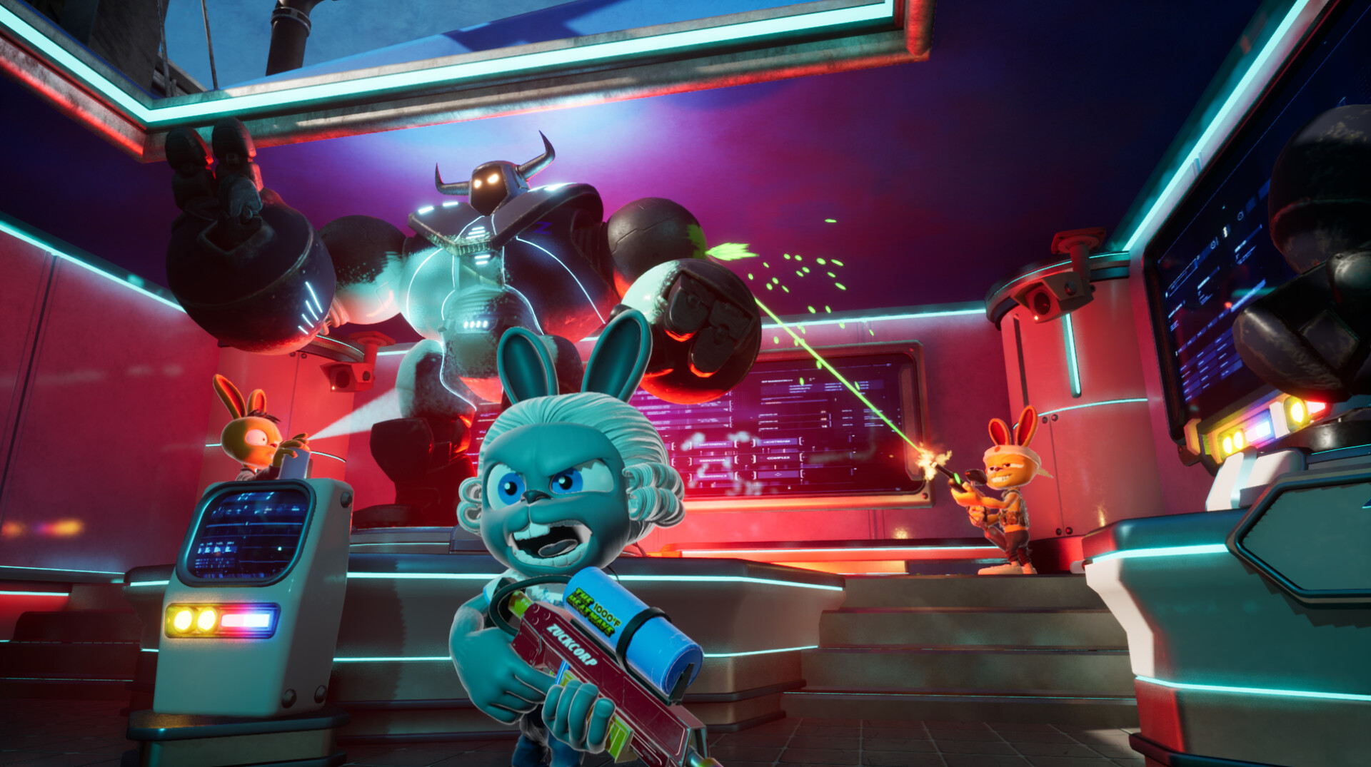 My Pet Hooligan characters battling a giant robot in a neon-lit control room