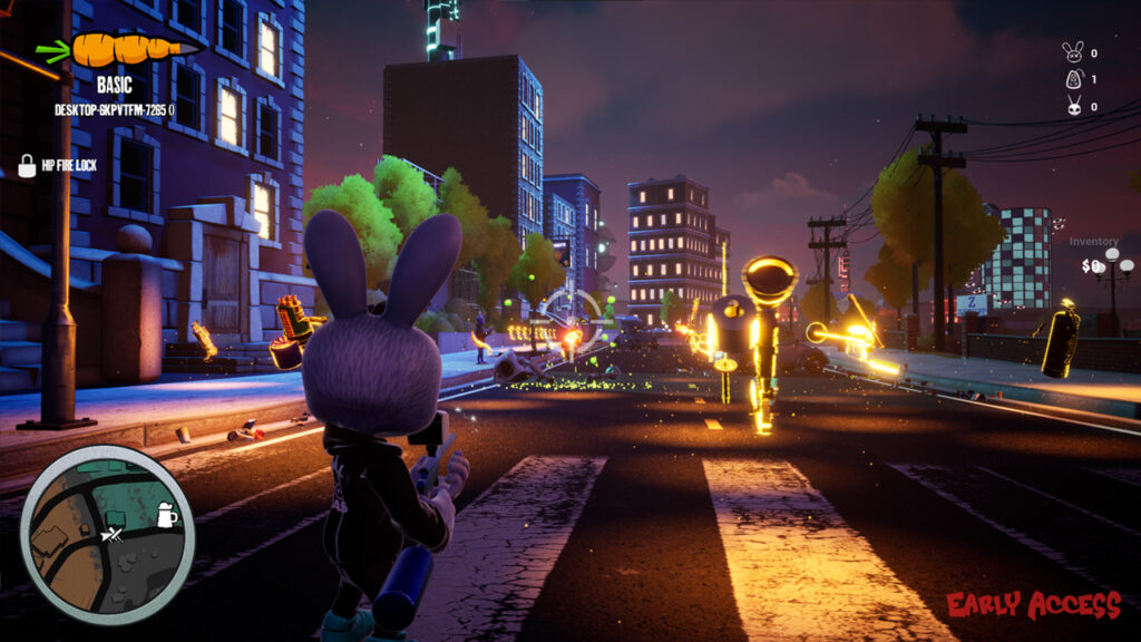 Nighttime gameplay battle between a rabbit character and glowing robots on a city street
