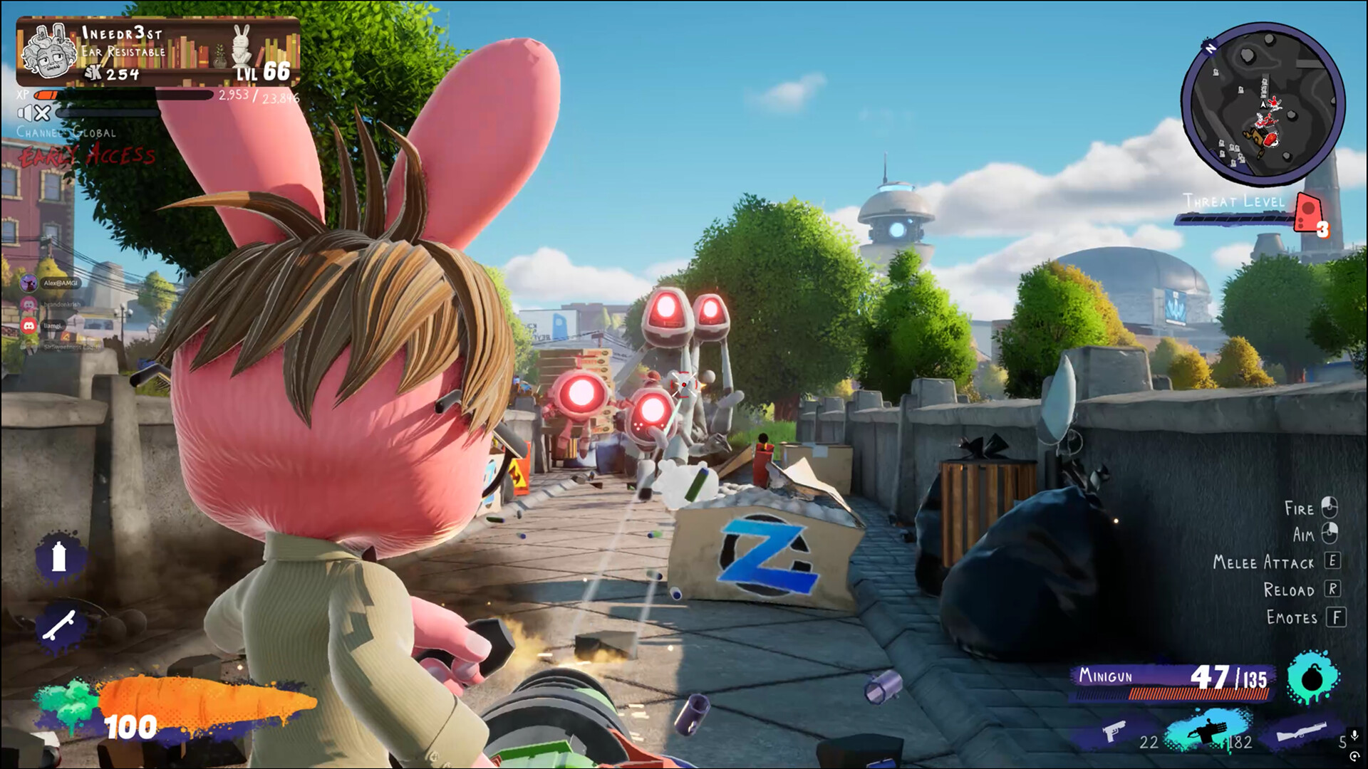 Gameplay view of a rabbit character aiming at Zuckbot enemies
